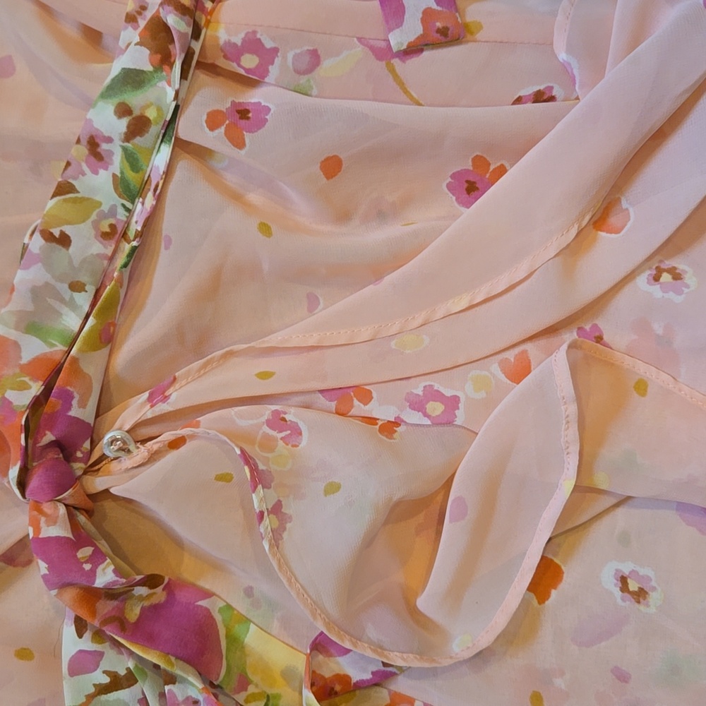 Oscar de la Renta Pink Label Sheer Pink Floral Tie Waist Tunic Dress/Robe - Picture 9 of 11